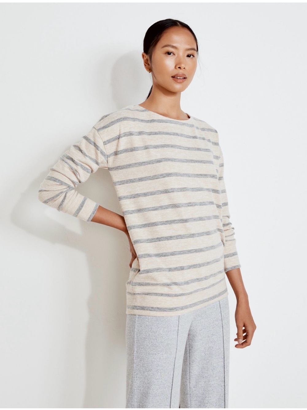 Haven Well Within Striped Crewneck Sweatshirt in Tan and Gray